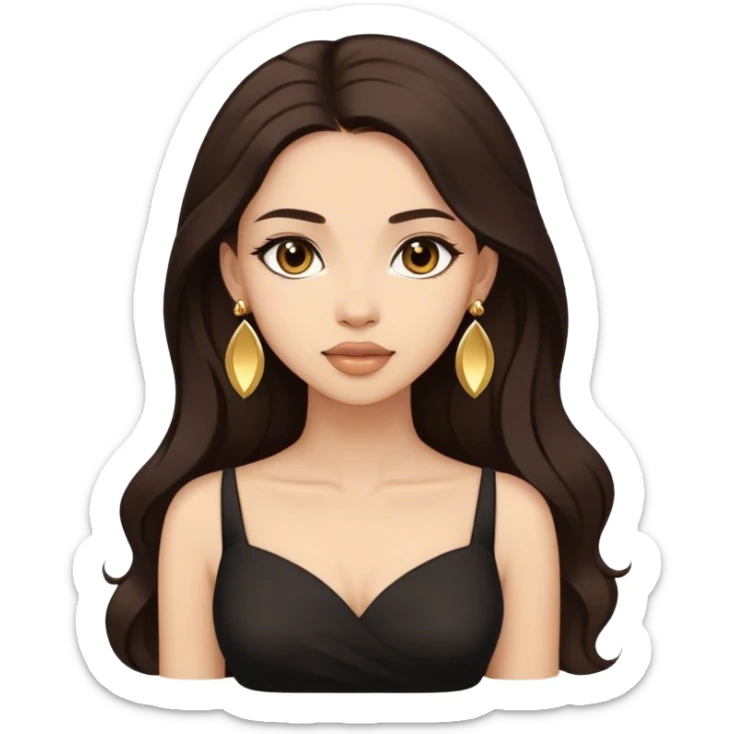 Beautiful woman,cute, long dark brown hair in dark dress with gold earrings sticker
