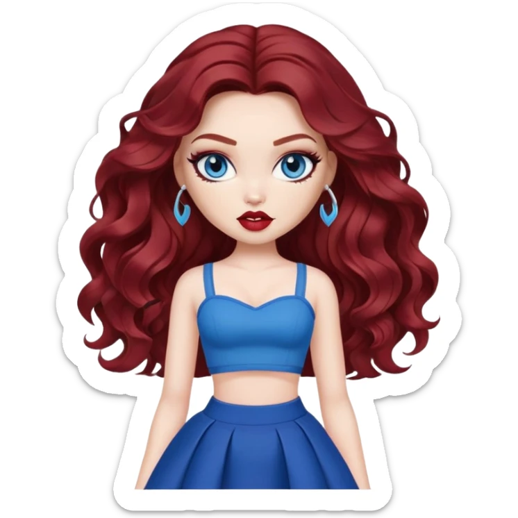 bratz pretty baddie, dark red wavy hair, pale skin, long hair, blue eyes, makeup sticker