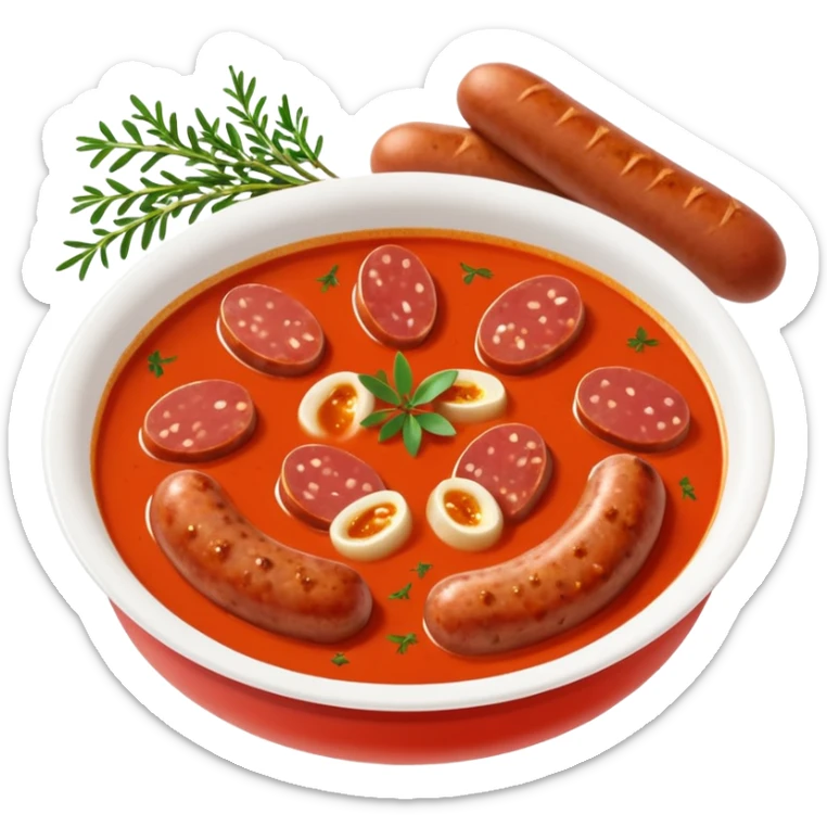 emoji of Rougail saucisse meal. Typical Reunion island meal. Sliced sausage in tomato soup with thym  sticker
