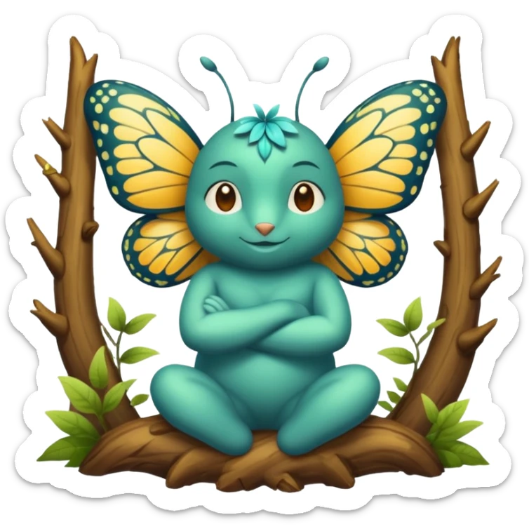 forest spirit character arms crossed confident smirk butterflies around sticker