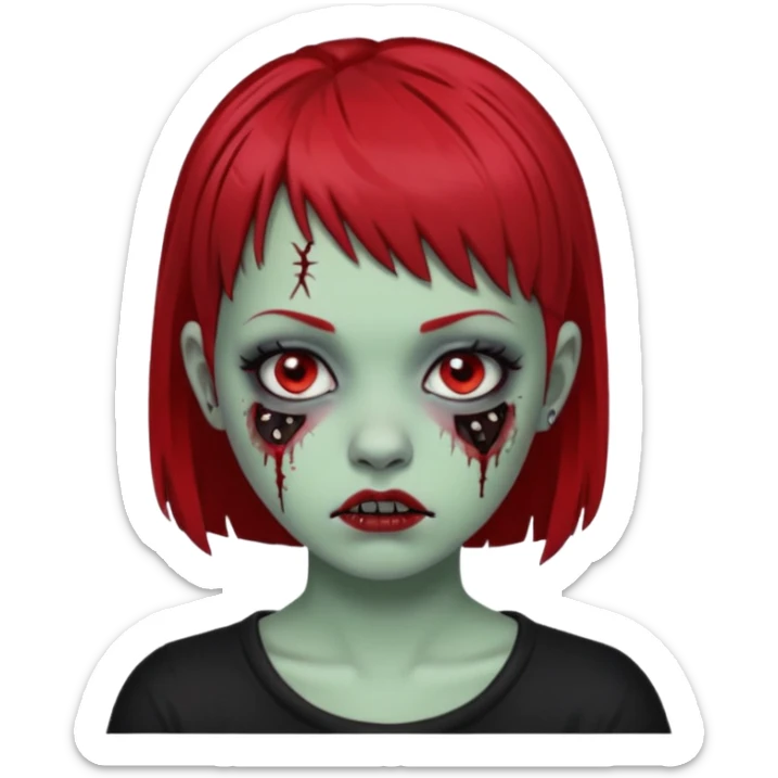 White girl, zombie, micro bangs, short hair, black and red hair, bridge piercing sticker