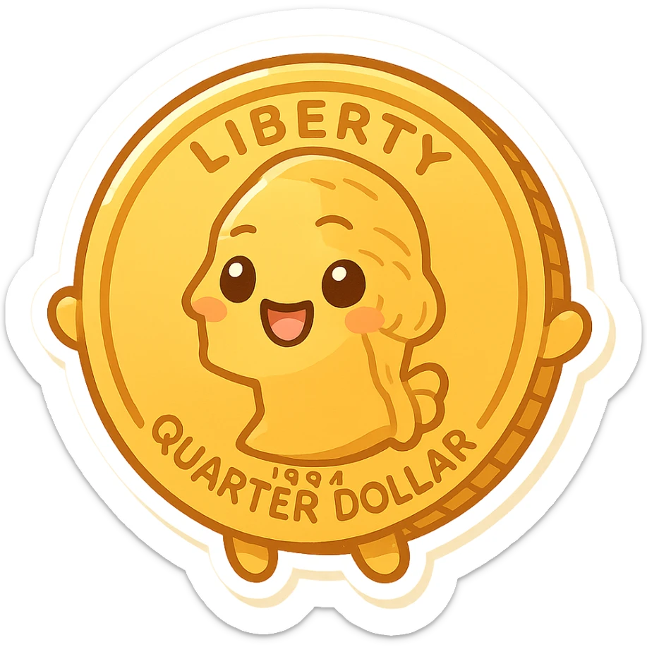 a gold coin with a quarter design, cartoon style, bright gold color, playful look sticker