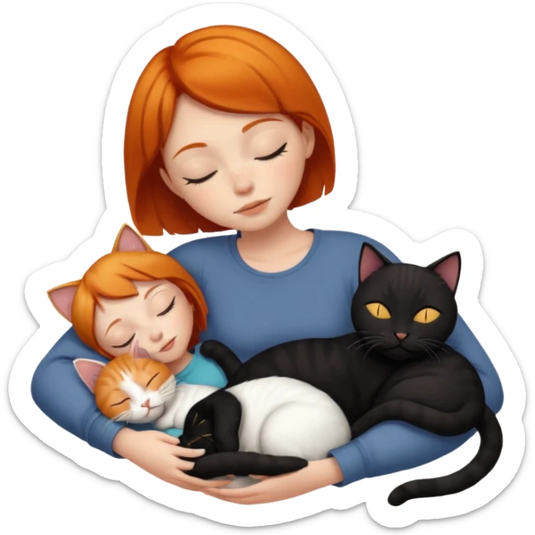 Ginger Girl short hair sleeping with two cats a black and a whole white bigger cat  sticker