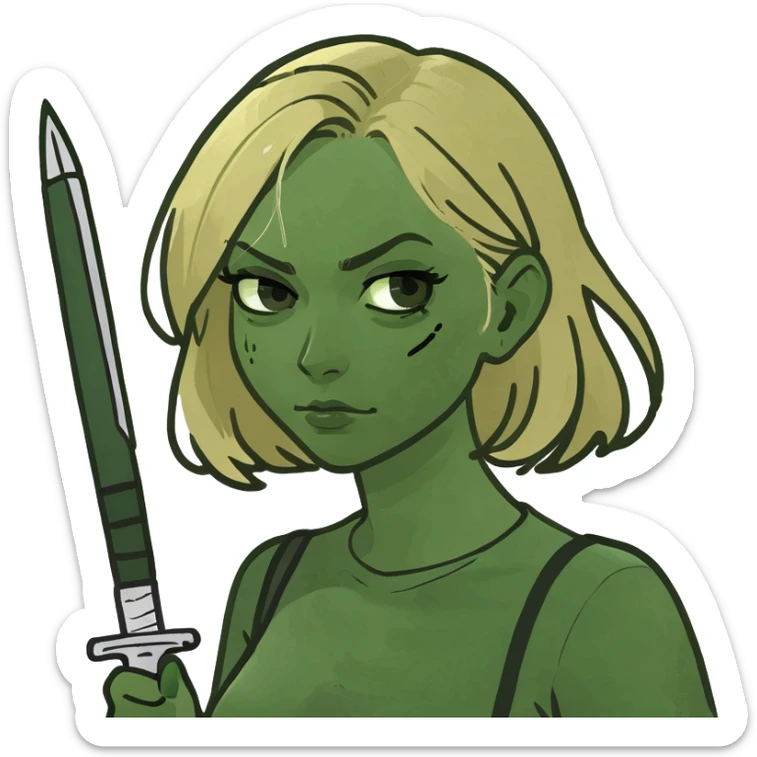 A blonde blind girl holding a white cane in one hand and a knife with a red bottom and black blade in the other ￼￼ sticker