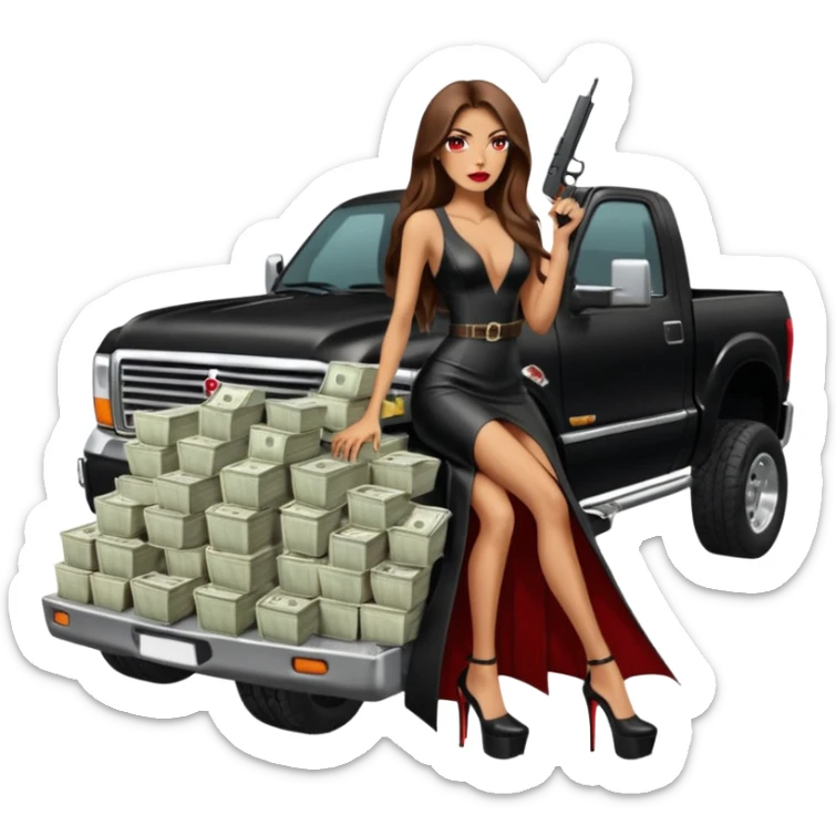 Lilith symbol red eye seductress evil long brown haired sexy succubus woman with leather long dress with slit, sitting in Big Large F350 pickup truck. Black Platform high heels on feet. Back of truck full of stacks of cash, sitting behind her is  a human skull with a gun in other hand sticker