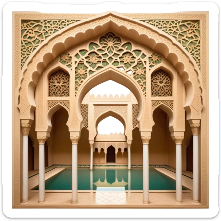Alhambra – Cinematic Realistic Alhambra, depicted as a majestic Moorish palace with intricately carved arches, lush courtyards, and detailed tile work, bathed in soft golden light and dynamic shadows that highlight its opulent historical beauty. sticker