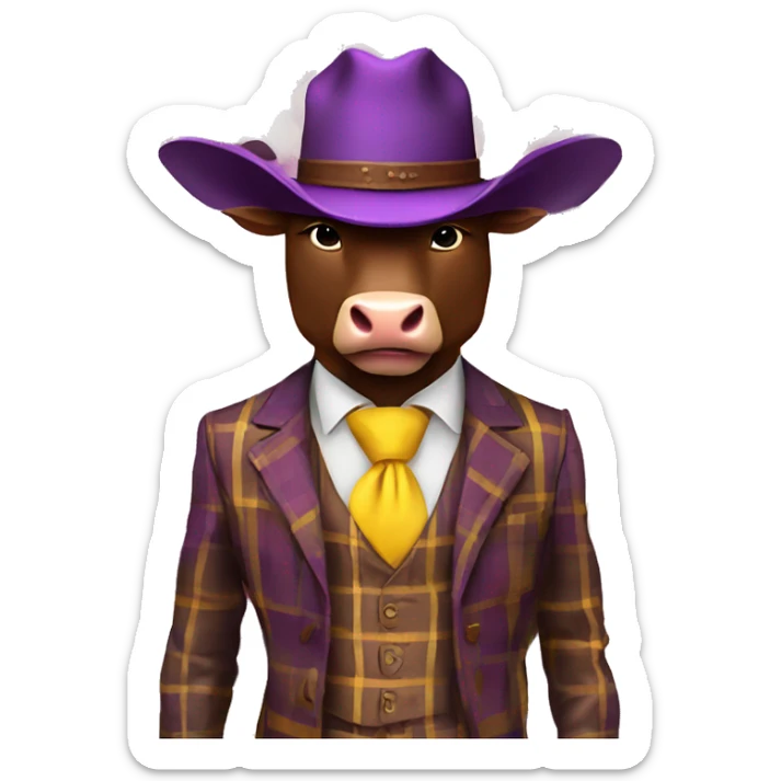 Brown bull with horns standing wearing brown cowboy hat 3 piece purple plaid suit with yellow tie and brown shoes  sticker