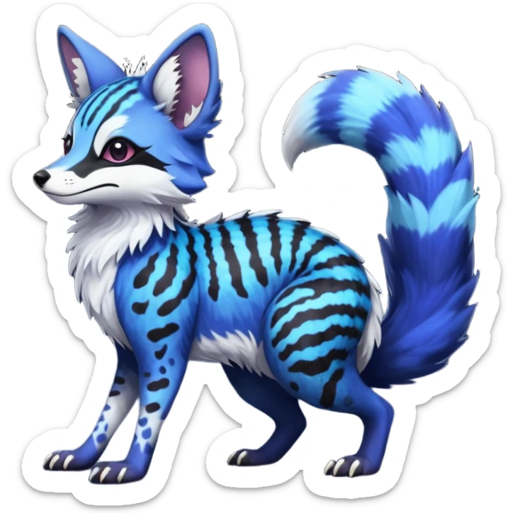 Feral chubby floofy fluffy puffy furry Rare Fantasy vibrant dark shady shaded detailed deep-dark-cobalt-blue-gradients-colored colorful Vernid-Sergal-Genet-Trico-Fox-species by LiLaiRa, with dark-blackish points, white belly, random markings, tufted tail, tufted ears, full body sticker