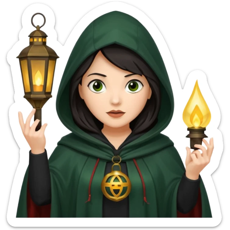 traitor tv show, dark haired woman wearing dark green cloak with hood up who looks evil and is holding up a lantern sticker