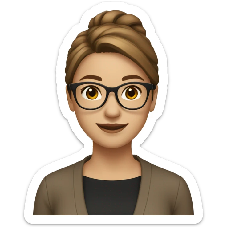 Girl with straight hair brown hair, smiling gold glasses with black blouse and light brown cardigan. sticker