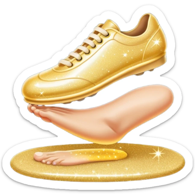 emoji of a human foot pressing on the ground, with two short curved pressure lines under the sole to show the weight, surrounded by shiny glitter sparkles for a bright and sparkling effect, simple cartoon style sticker