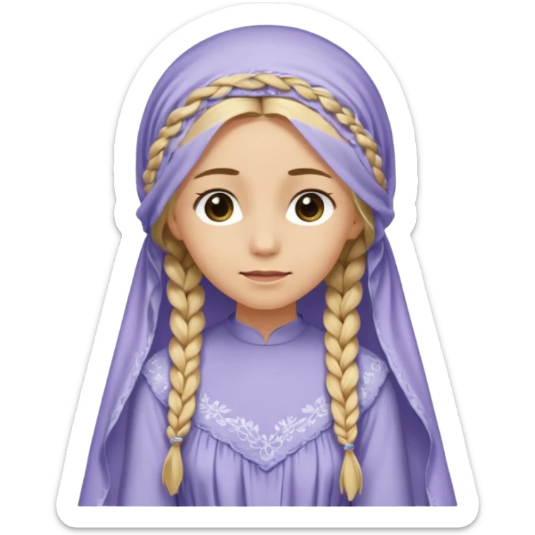 
mujer, Joven, de aspecto dulce y elegante.
Piel clara, ojos grandes y expresivos, sonrisa triste.
Rubio o castaño claro, largo, con trenzas o velo.
Vestido largo cubriendole los zapatos, çde tonos suaves (blanco, azul o lavanda), con bordados dorados; toca fina cubriendo la cabeza. sticker