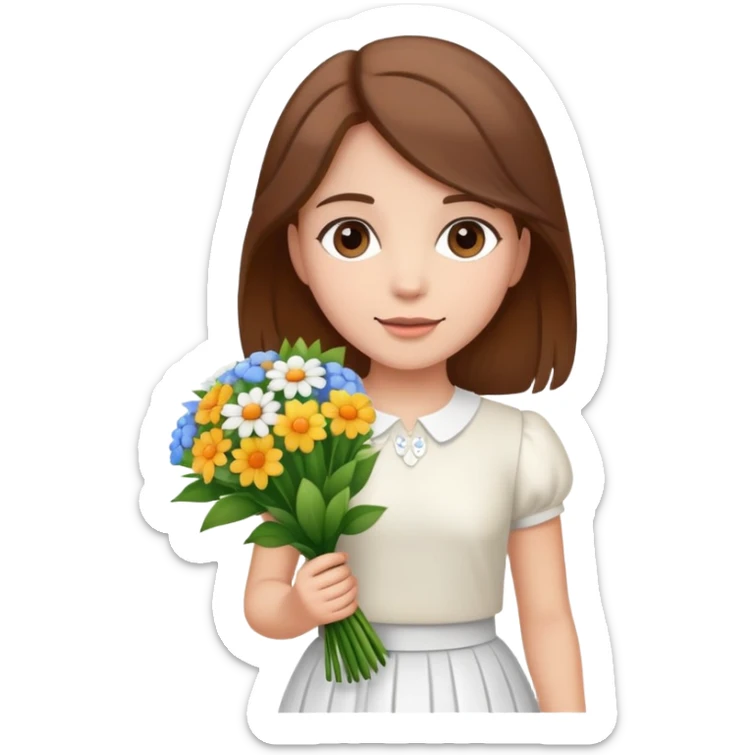 girl with brown hair wearing a white skirt holding a bouquet of flowers sticker