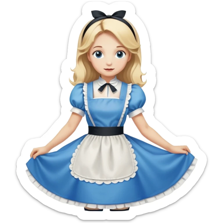 Disney's Alice in Wonderland curtseying in her blue dress with white apron, blonde hair with headband sticker