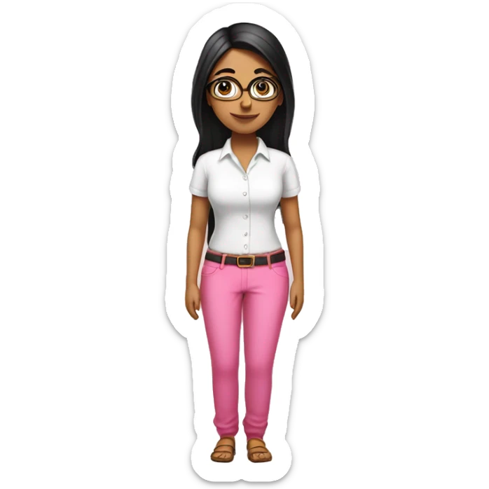 Indian standing lady wear white shirt & pink pant black hair also have spectacle sticker