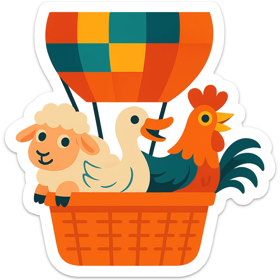 Remove the background, keep only the group of farm animals in the hot air balloon, vibrant toon style, with no background. sticker