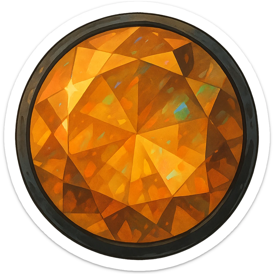 ghibli style extreme up close amber round cut holographic gem with black metal accent sticker