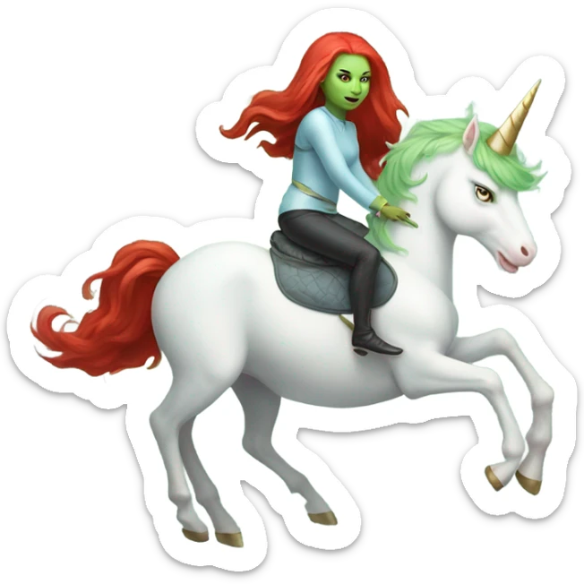 [politically incorrect
	{ woman: alien, color: light green, hair:red, eyes:cat} ]
	on a 
	[{ unicorn: white, legged:four, mane: light blue }] sticker