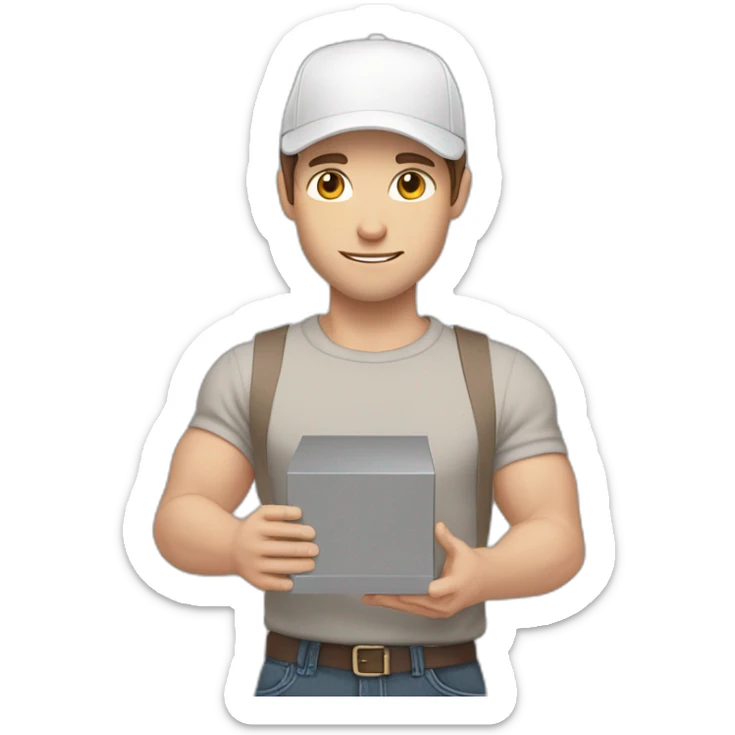 Pale skinned fit Man with dark brown hair in a light gray cap, dark brown jeans, brown polo and white T-shirt keeping a pasted with tape white box into his hands sticker