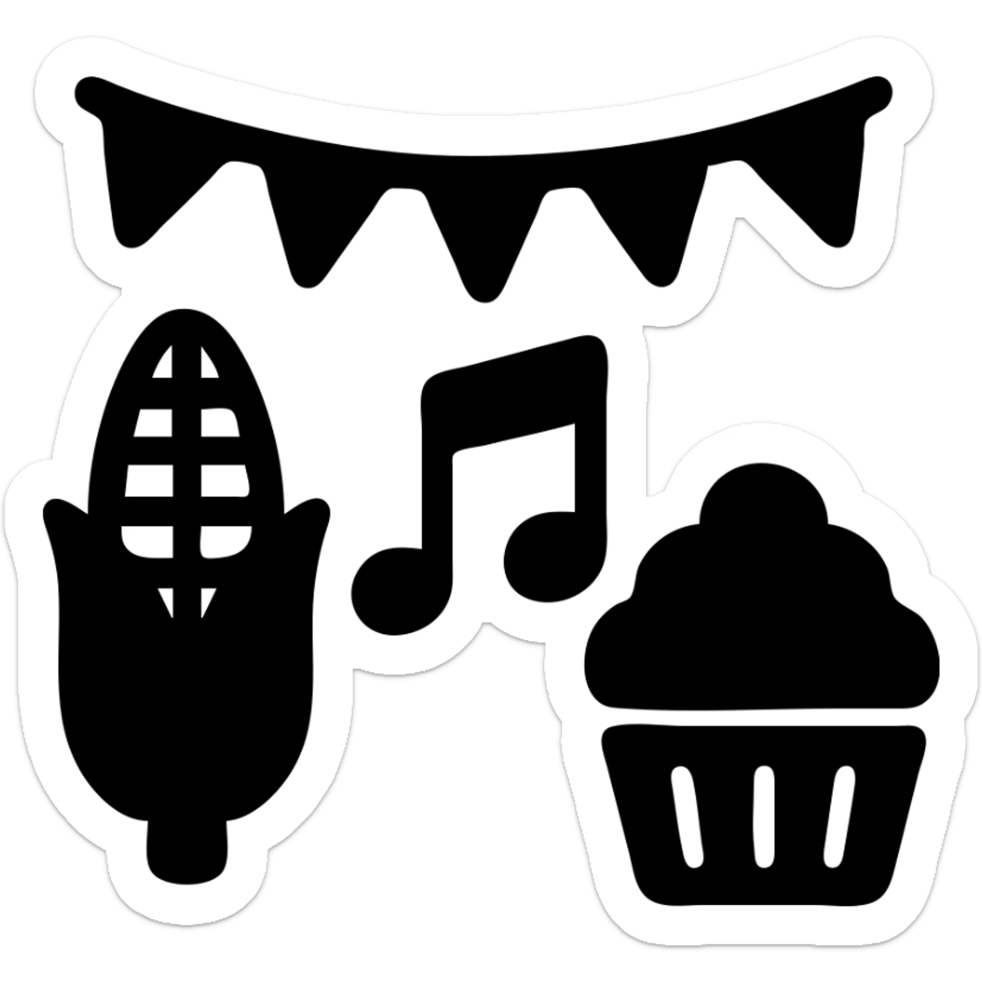 A festival scene with solid filled icons of food, music, and decorations sticker