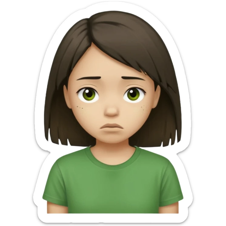 Young girl with straight, dark, damaged, and unkempt hair, wearing a green T-shirt, with a sad and discouraged expression. sticker