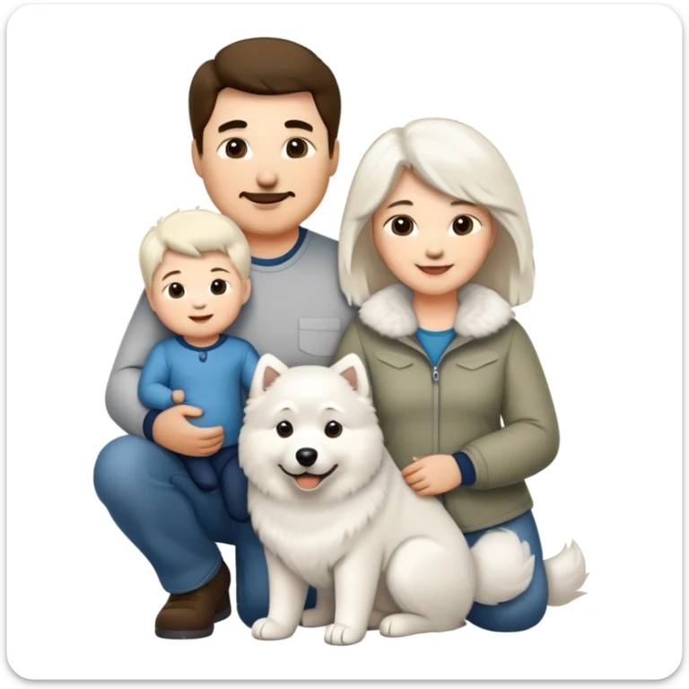 A family portrait in Apple iOS emoji style, featuring a dad, a mom, a 2-year-old baby boy, a fluffy white Samoyed dog, and a large Alaskan Malamute. All characters are smiling and standing close together in a warm, happy scene. sticker