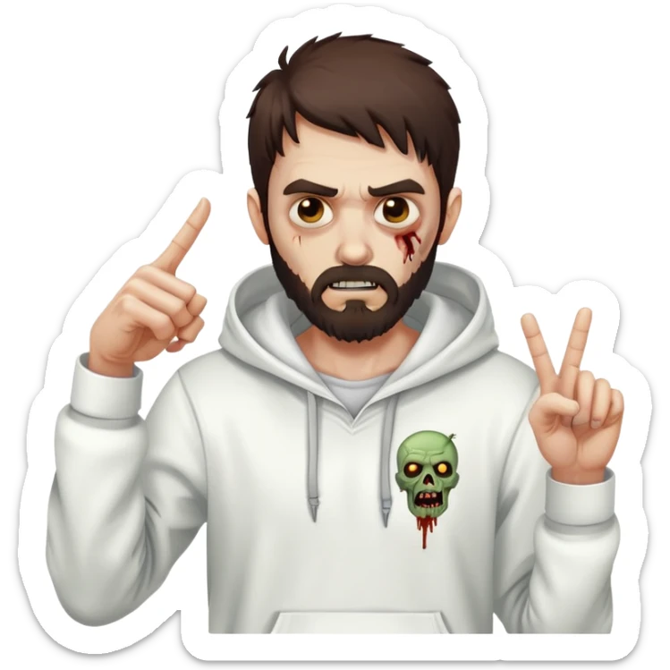 zombie pointing finger wearing white hoodie, with dark brown hair and short full beard sticker