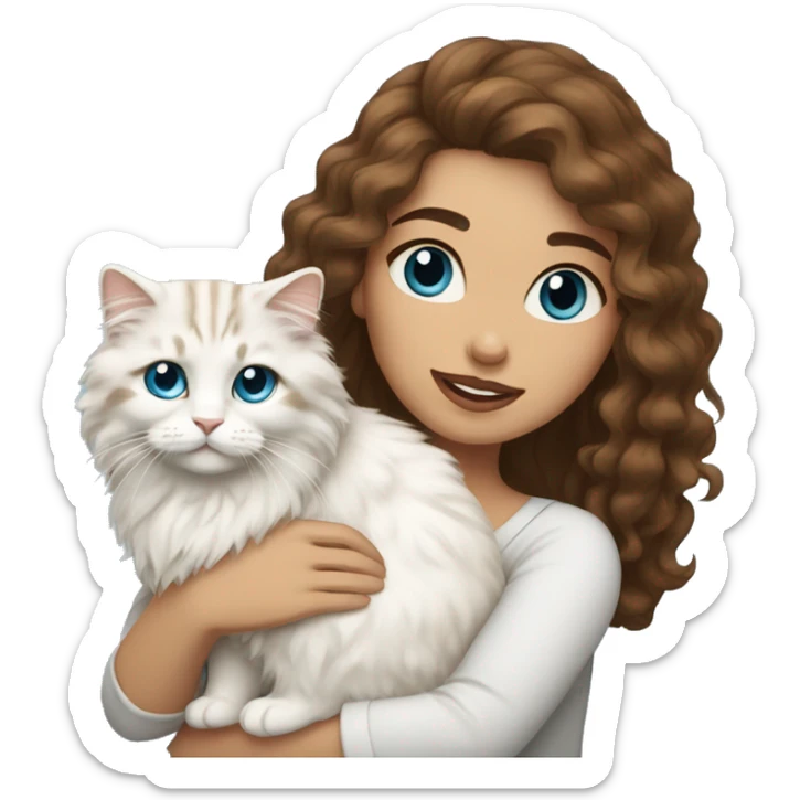 woman with long curly brown hair and holding a all white Siberian cat with blue eyes sticker
