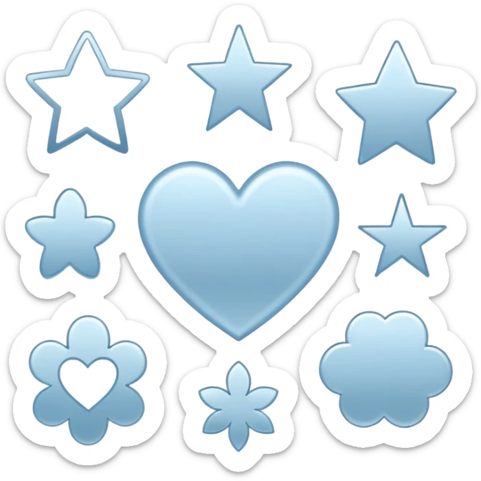 Minimalist outline icons of various shapes like heart, circle, star, flower, cloud, and square — all in soft metallic silver and pastel blue strokes. Thin, clean vector-style outlines with no fill, placed on a plain white background. Aesthetic, modern, and elegant look. sticker