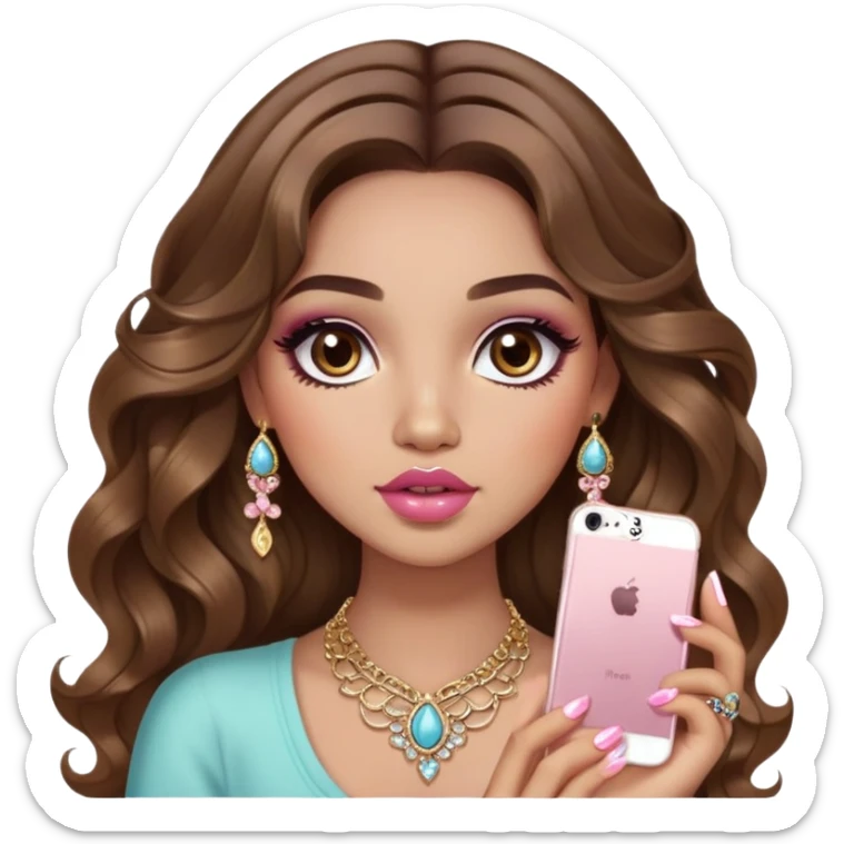 Light skinned girl, long wavy brown hair center-part with face framing pieces, big hazel eyes, lots of jewelry, trendy cute top, prominent blush, sassy, big lips, makeup, fancy long acrylic nails done, holding makeup. She is curvy sticker