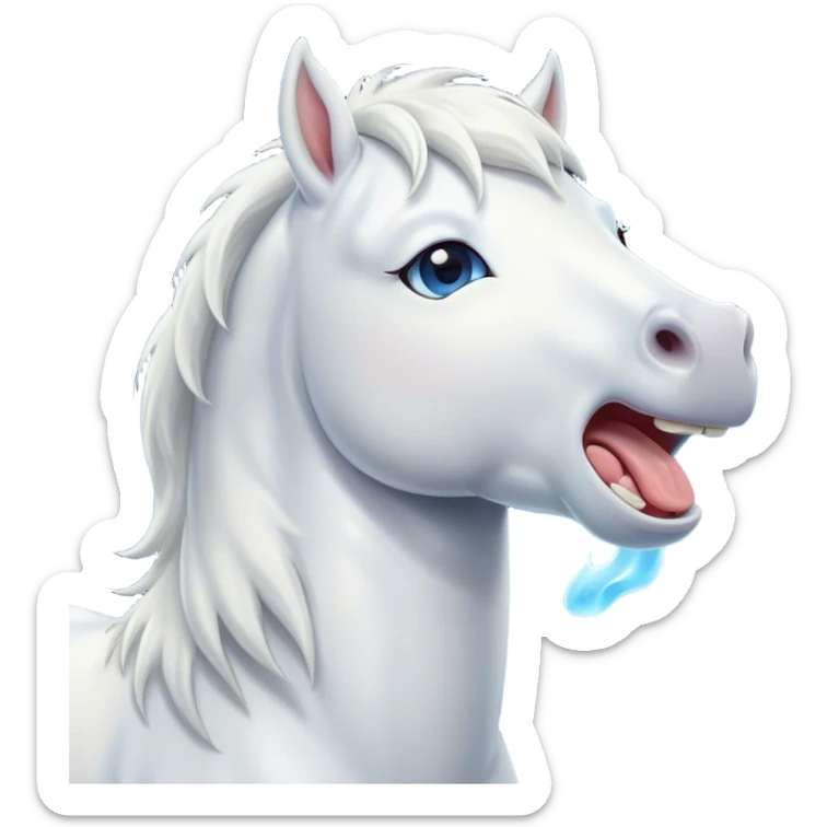 Cinematic Cute Yawning White Horse Portrait Emoji, Head tilted slightly with a dramatic, wide-open yawn, revealing a soft white fur with a subtle shimmer, floppy ears slightly drooping, round blue eyes barely open in drowsy contentment, Simplified yet irresistibly adorable features, highly detailed, glowing with a soft, cozy glow, high shine, relaxed yet expressive, stylized with a touch of whimsy, bright and endearing, soft glowing outline, capturing the essence of a sleepy yet affectionate horse, so drowsy it feels like it could stretch out of the screen and curl up for a nap! sticker