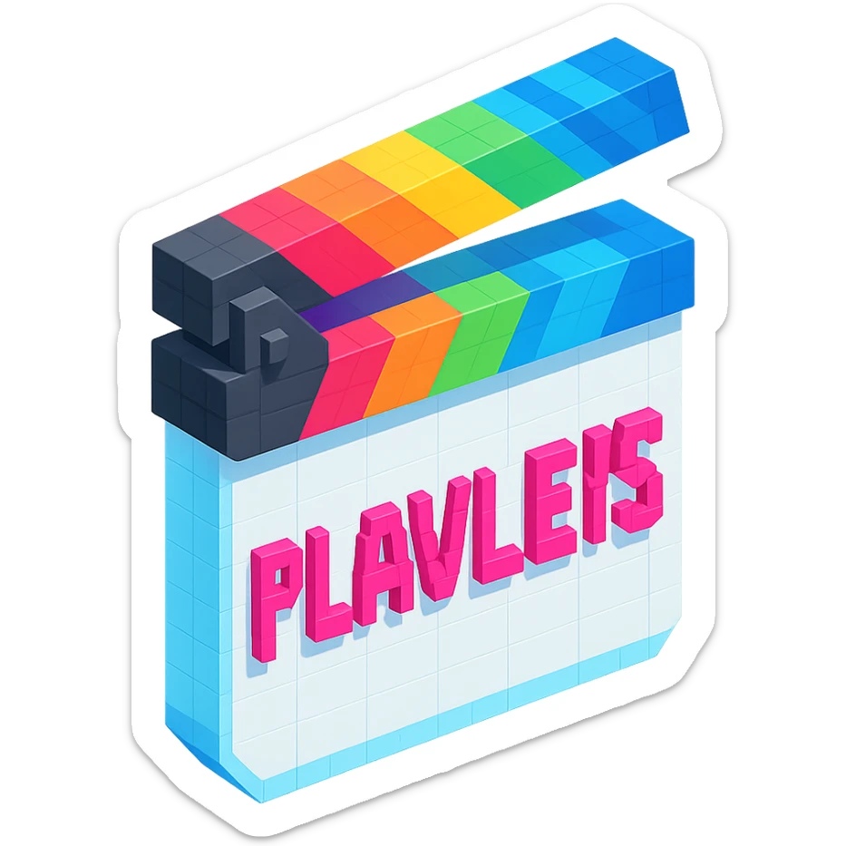 voxel style movie clapperboard, white body, colorful lid, pink text 'PLAVLEYS', isometric view sticker