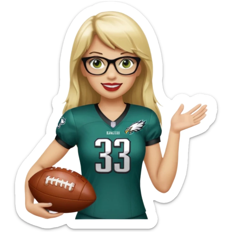 full length women wearing eagles uniform, long blonde hair, styled bangs, green eyes, black glasses, holding football, number 33, smiling, lipstick sticker