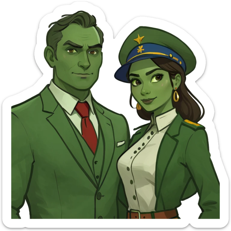 Russian man and elegant Latina girl in adventure outfits with a map planning a trip sticker