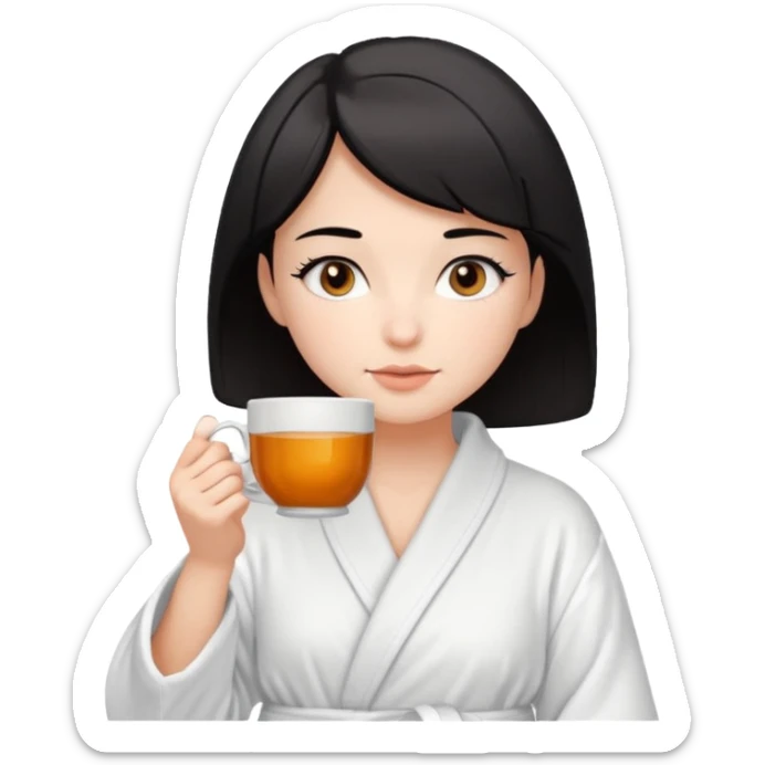 White girl with brown eyes and short black hair drinking a cup of tea in a bathrobe sticker