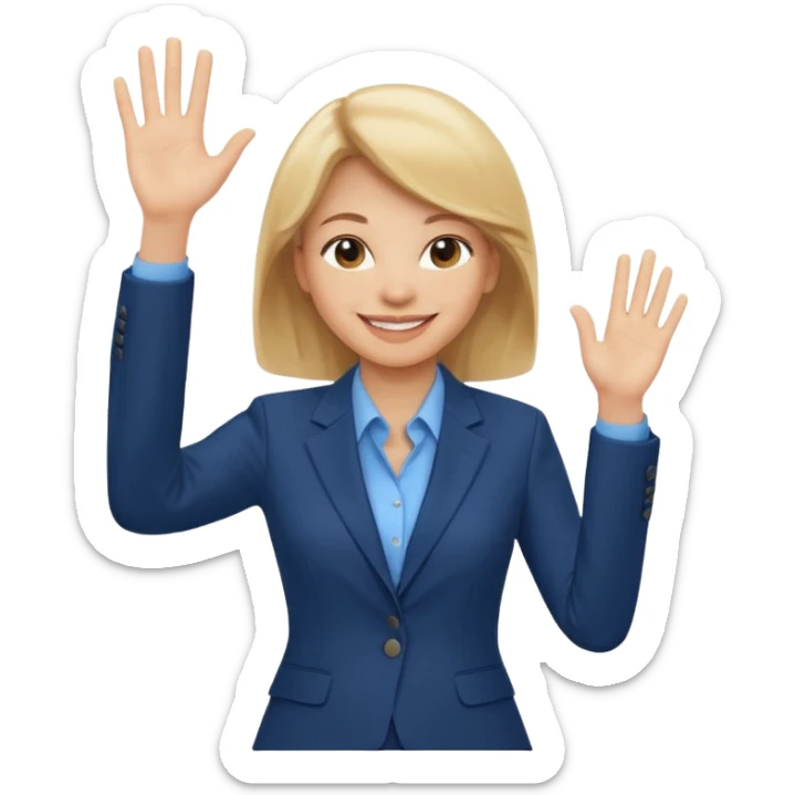 Make emoji of business woman with light skin and medium blonde hair in a dark blue business suit and light blue shirt waiving to new clients sticker