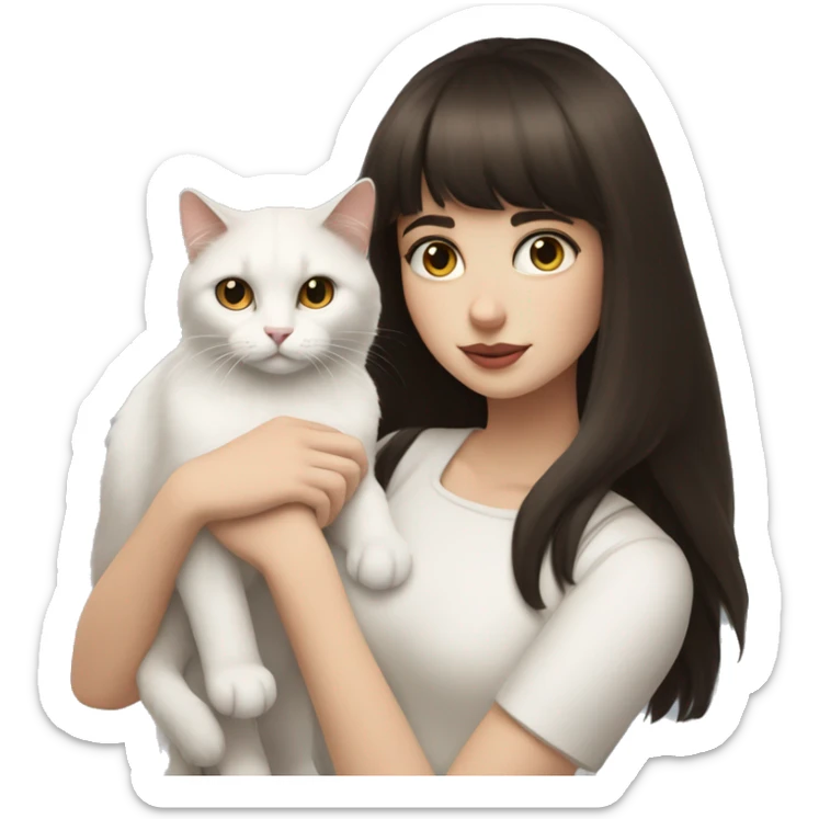 A pale girl with dark brown hair and dark brown eyes and bangs holds a white cat in her hands and looks at cat sticker