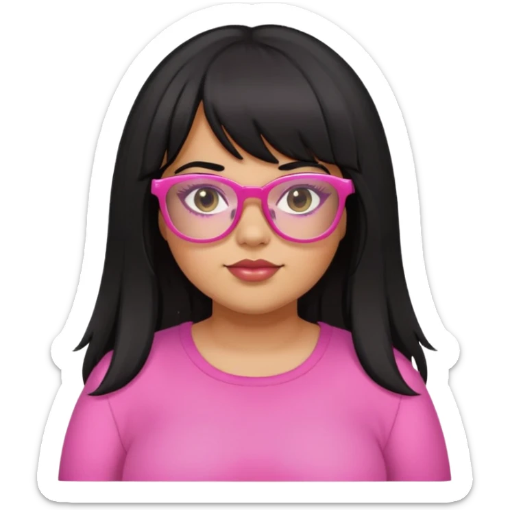 Latina girl with bangs and long layer hair black plus size with pink glasses sticker