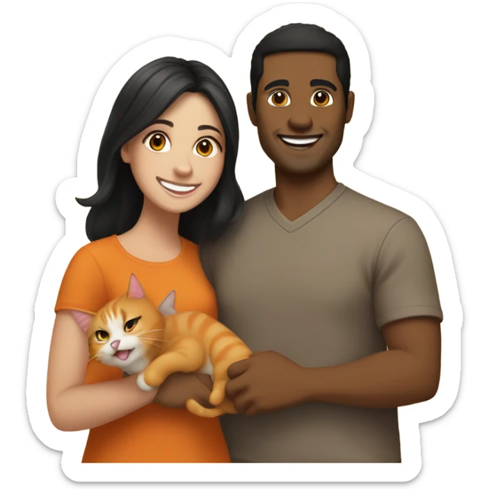 a happy light-brown woman with black hair and a happy brown man with brown hair are friends and holding an orange cat sticker