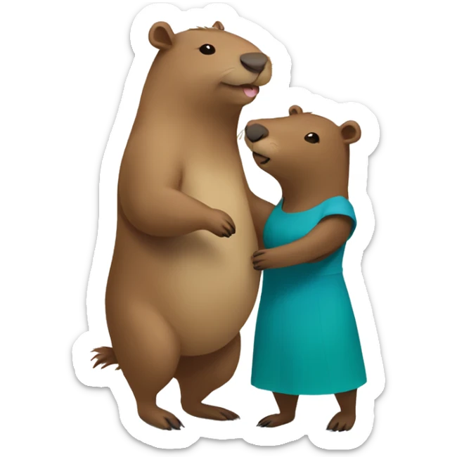 a capybara and a bear hugging. the capybara is wearing a green dress and the bear is wearing a blue dress. sticker