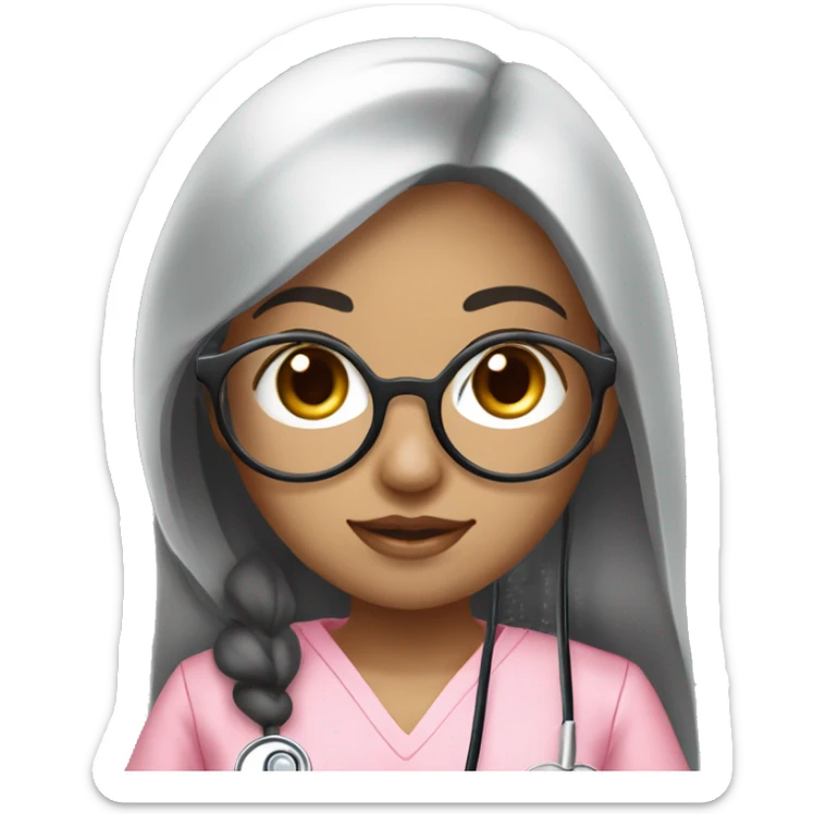 Aian girl (beige white skin tone and big eyes) with circle silver glasses, long black hair , wearing a pink nurse uniform scrub) with a stethoscope sticker