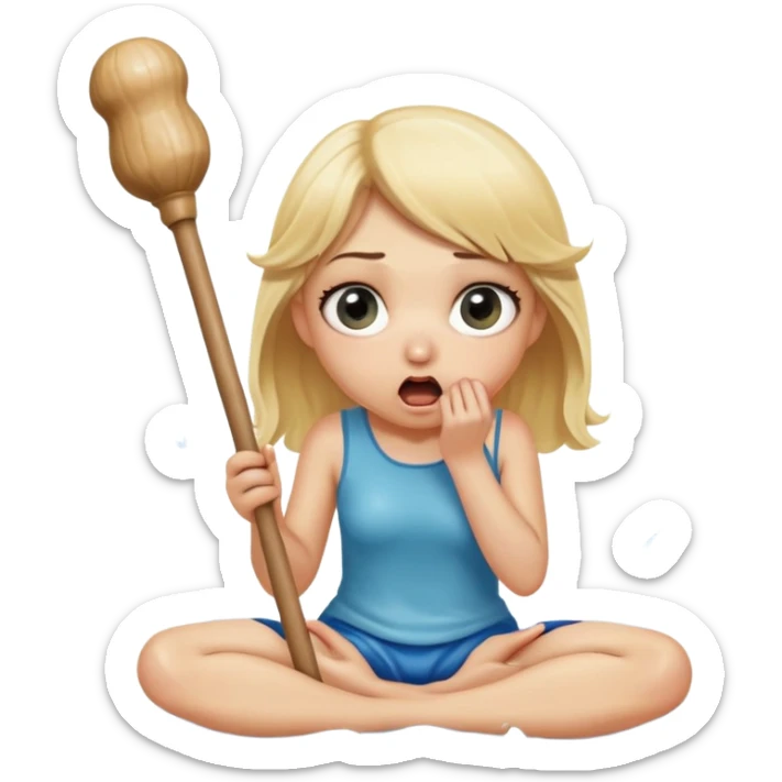 blond woman sitting on her knees with wide eyes, holding a wide skin-colored stick with a D-shaped knob, the stick and the nob have skin texture, water squirting from the knob into her mouth, shocked face sticker