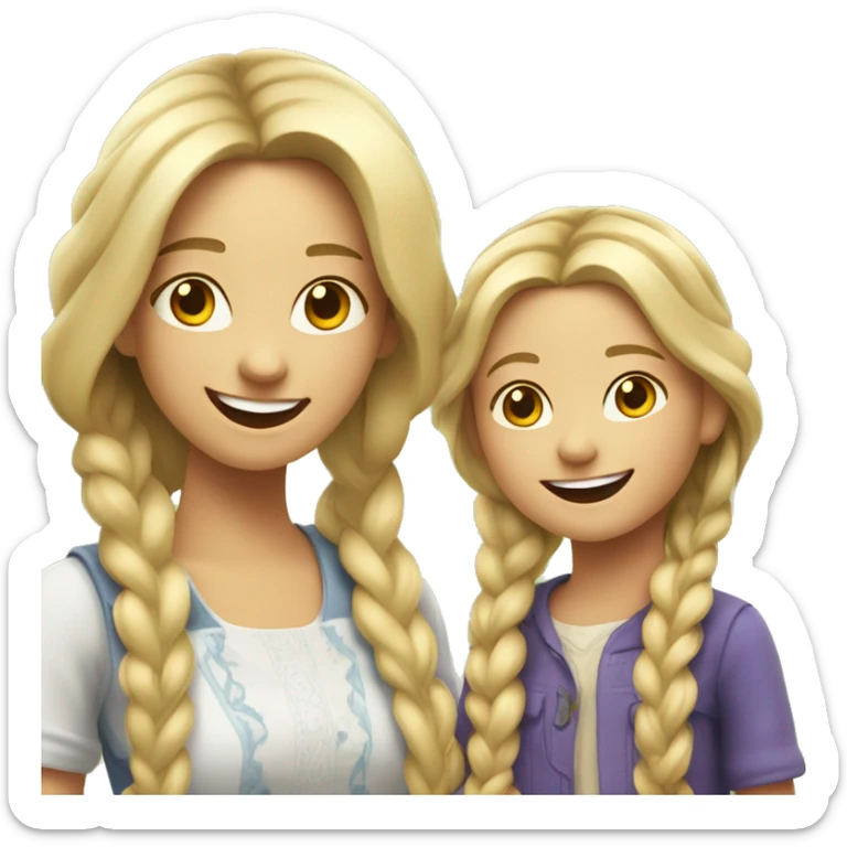 An emoji of a blonde mother with very long hair and a cheerful expression, standing next to her daughter, a small girl with black hair styled in two braids, both smiling happily together sticker