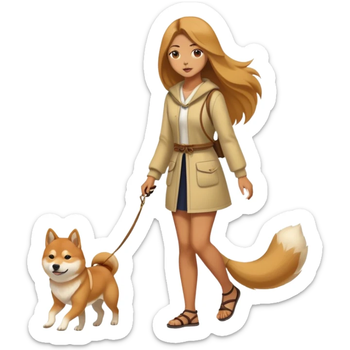 Long-haired beautiful girl walking the Shiba Inu sticker