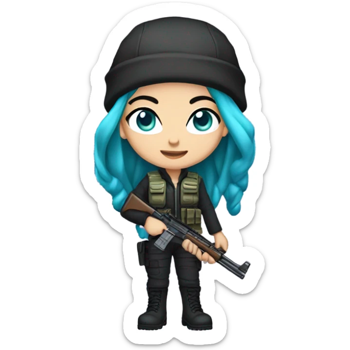 Girl, white skin, tactical vest, dark pants, long teal hair, blue eyes, purple beanie hat, gun, black combat boots sticker