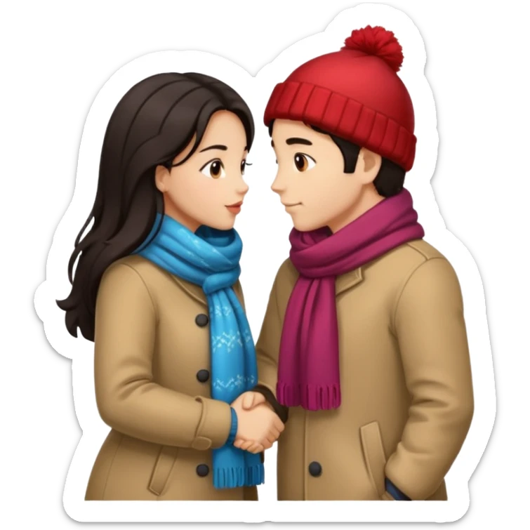 date night christmas couples, dark hair, holding hands, about to kiss each other, wearing a winter outfits sticker