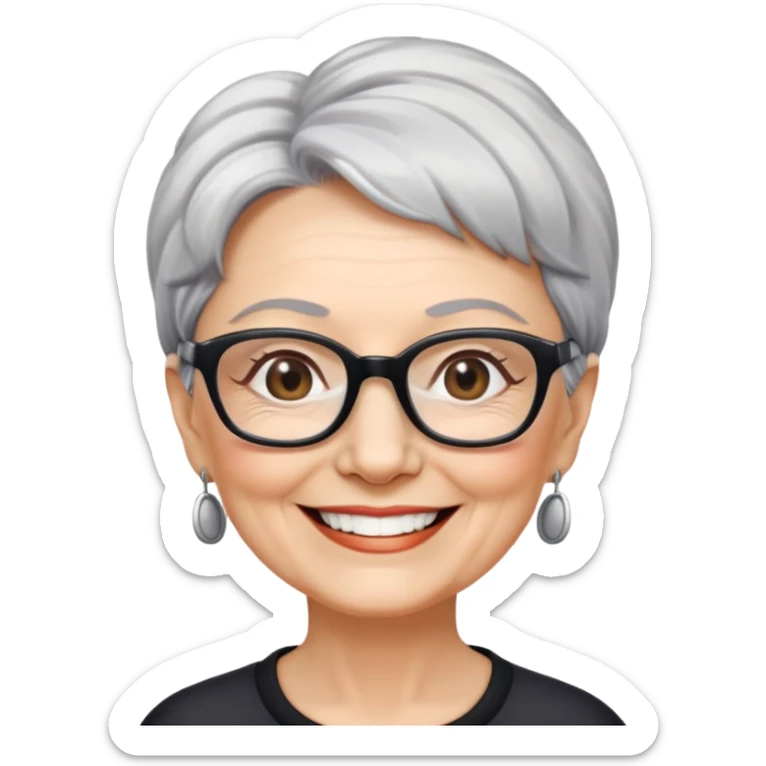 bà lão 60 tuổi, da trắng, tóc ngắn màu bạc, đeo kính màu đen, mặt cười tươi, hơi có nếp nhăn nhẹ sticker