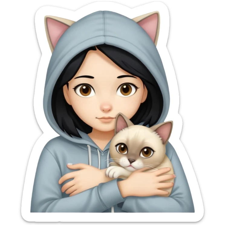 Girl with black hair and blonde highlights, brown eyes wearing a hoodie and hugging a siamese cat with white paws sticker