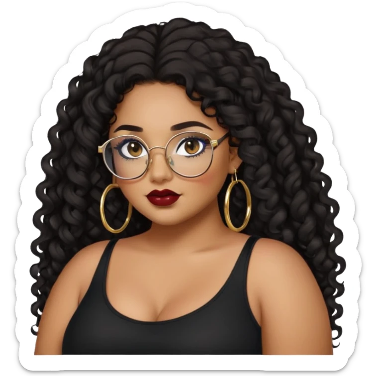 teen big plus size, latina, darker tan skin, gold hoops, long black curly hair, baddie,pretty, makeup, dark red lipgloss, black eyeliner, long hair, black top, black glasses sticker