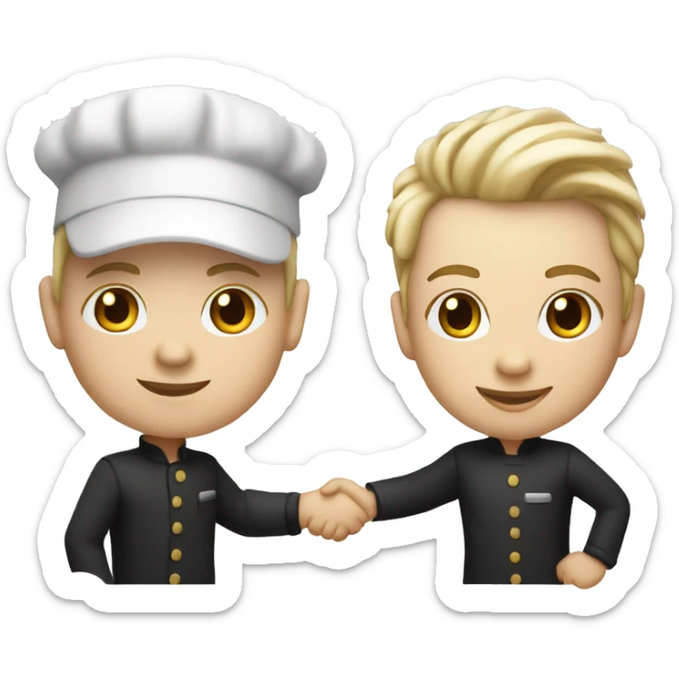 restaurant owner with white skin, and blogger with white skin, shaking hands in great detail sticker